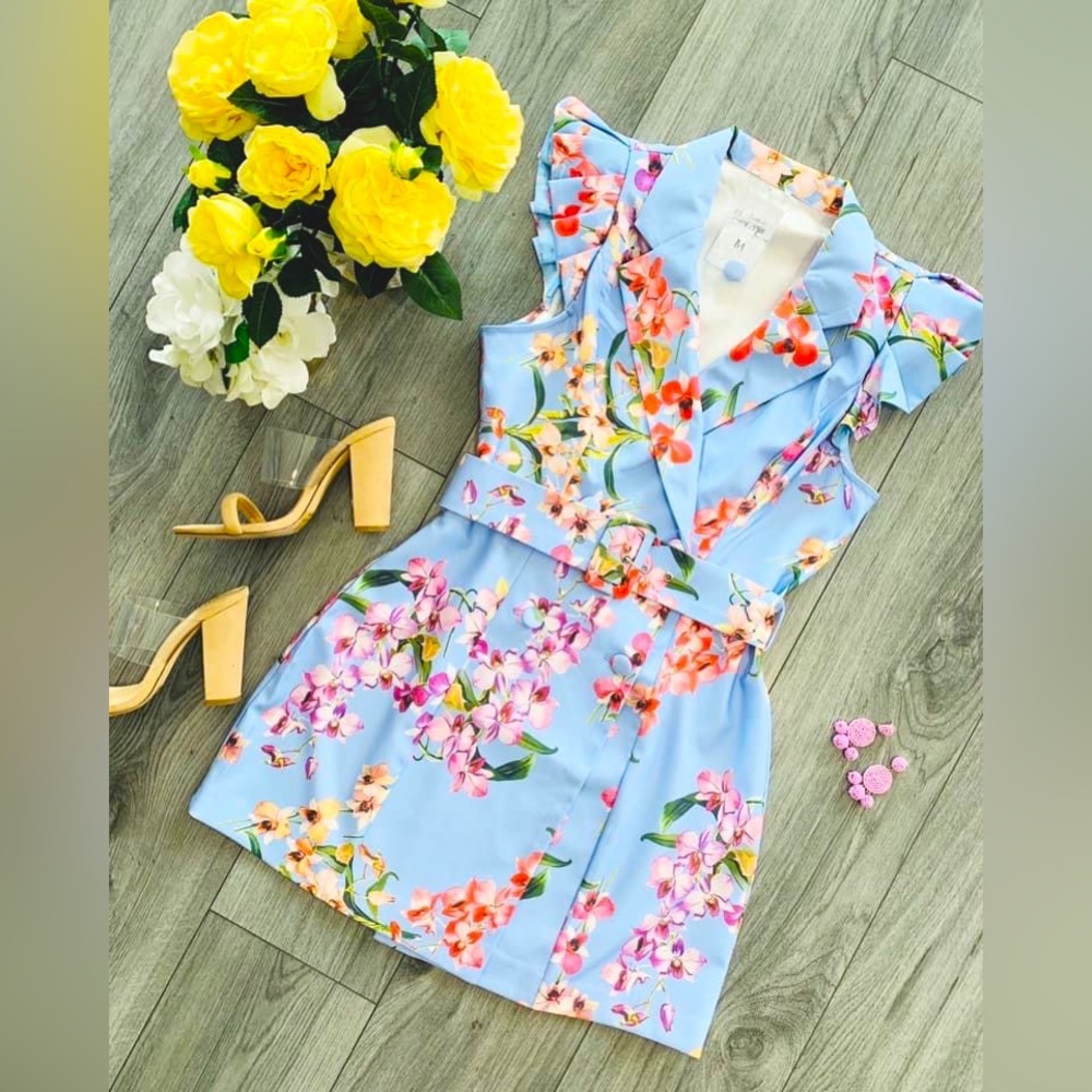 BOUTIQUE | Cherry Blossom Light Blue Dress w/Matching belt.